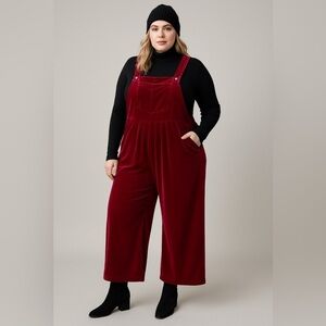 Velour Velvet  Red Fushia Wide-Leg Chic Jumpsuit Pockets  Winter Party 1XL